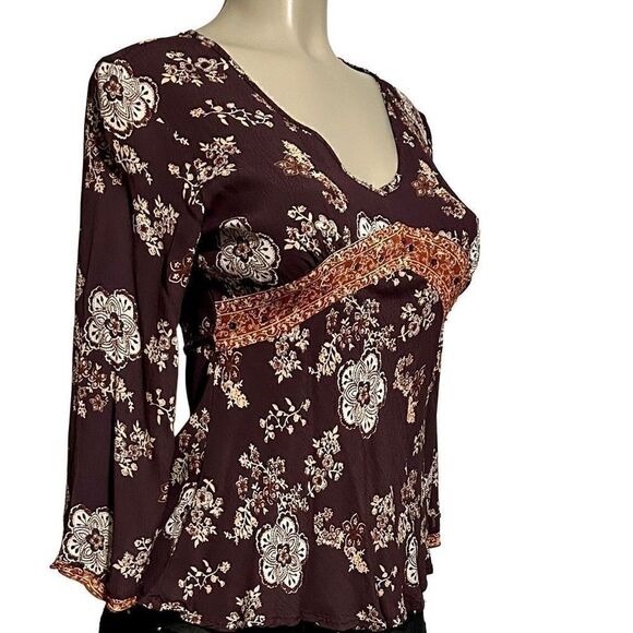 Quizz Bazaar Blouse Women's Medium Burgundy & White Flowy Floral Vintage Top - Picture 2 of 13
